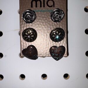MIA Floral and Heart Earring Set in Silver and Bronze